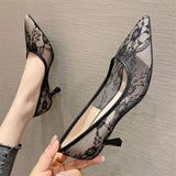 2025 238-6 Sexy temperament pointed toe stiletto single shoes women's fashion mesh banquet women's shoes  lace high heels