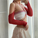 HULIANFU New Summer New Sexy Spice Girl Style Lace-up Pearl Decorative Chest Wrap Contrast Sleeves Knitted T-Shirt Women's Top