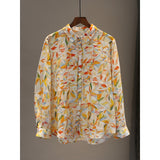 spring new product casual temperament printed shirt women's long sleeves loose large size comfortable ramie POLO collar top