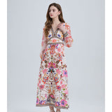 Real shot, elegant and sexy, high waist V-neck pendulum, elastic cuffs, positioning printing, bubble sleeve A-shaped dress.