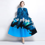 women's clothing niche elegant dress  new hollow bead round neck waist printing pleated long skirt