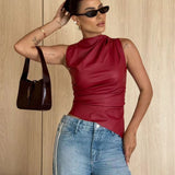 Sleeveless leather vest   women's clothing leather stand-up collar personalized waist irregular hem sleeveless top
