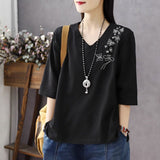 Temperament V-neck  summer new Korean version of seven-quarter sleeves simple and fashionable age-reducing loose and thin belly-covering bottoming shirt