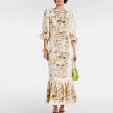 Retro colorful flower positioning printing, horn sleeve vacation style, high-end temperament ruffle edge dress