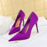 2025 18249-2 Korean version of fashionable pedicure, delicate and thin high heels, thin heels, super high heels, satin light mouth pointed single shoes