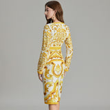 Real shot,  positioning printing temperament high waist hip dress, high waist long sleeve crew neck skirt elegant