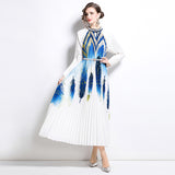 style high-end hollow bead round neck lantern sleeve strap waist temperament long printed pleated dress