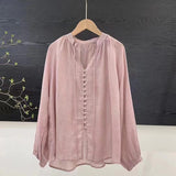 Single-row button-down tie-up elastic-sleeved shirt for women's  summer new lantern sleeves loose small bag buckle sunscreen top