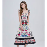 Real shot niche elegant lotus leaf edge suspender high waist pendulum positioning printing A-shaped dress fairy light luxury