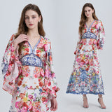 Real shot, sexy in summer, positioning printing, wide-sleeved V-neck, high-waisted pendulum, A-shaped dress with ruffle edge