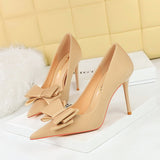 2025 3265-H2 Korean version fashion slim high heels stiletto satin light mouth pointed bow single shoes high heels women's shoes