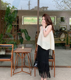 summer live broadcast hot sale, set-to-dye white, elegant and lazy Sanzhai sleeveless top, pleated fringed skirt for women