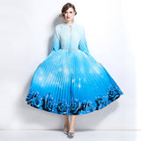style high-end hollow bead round neck lantern sleeve strap waist temperament long printed pleated dress