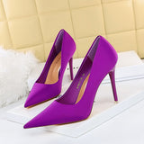 2025 18249-A2 Korean version Spring and autumn fashion simple thin heel high heel light mouth pointed satin high heels women's shoes single shoes