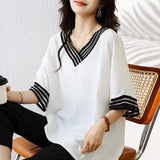 Large size summer V-neck splicing loose medium-sleeved top, fat mother covering meat and showing thinness and reducing age, high-end casual women's T-shirt