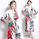 style high-end hollow bead round neck lantern sleeve strap waist temperament long printed pleated dress