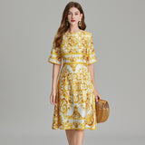 Real shot,  printing positioning round neck slim-fitting high-waisted dress, slim-fitting medium-sleeved A-shaped skirt is fashionable