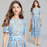 Real shot, summer water-soluble lace embroidery hollow round neck short-sleeved heavy industry temperament dress A-shaped skirt