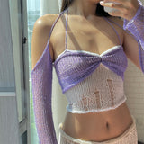 HULIANFU New summer 2025 new  Y2K Spice Girls sleeves fashion contrasting color neck knitted T-shirt sexy top women