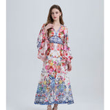 Real shot, sexy in summer, positioning printing, wide-sleeved V-neck, high-waisted pendulum, A-shaped dress with ruffle edge