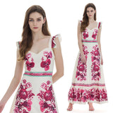 real shot, positioning flower print, ruffle edge, pleated suspender skirt, slim-fitting high-waisted A-shaped dress.