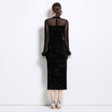 Temperament Celebrity Women's Dress  Sexy Perspective Mesh Cuffs Fluffy Splicing Sequins Velvet Dress