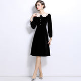 Hepburn Black Long Sleeve Velvet Dress Female Doll Collar Princess Premium Waist Autumn and Winter Small Black Dress Short Dress
