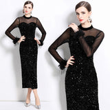 Temperament Celebrity Women's Dress  Sexy Perspective Mesh Cuffs Fluffy Splicing Sequins Velvet Dress