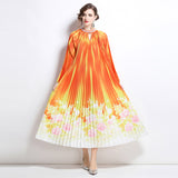 style high-end hollow bead round neck lantern sleeve strap waist temperament long printed pleated dress