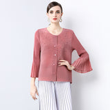 Pleated short jacket loose large size women's clothing 2025 spring and summer elastic bead horn sleeve fat mother clothing