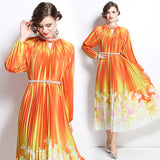 style high-end hollow bead round neck lantern sleeve strap waist temperament long printed pleated dress