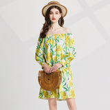 Real shot floral print sexy elastic one-word shoulder long sleeve elastic cuff short sleeve streamer loose dress