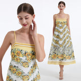 Real shot, summer, positioning print, rubber band elastic vest, suspender, high waist pendulum dress, adjustable shoulder straps.