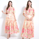 Summer new holiday style dress women's  high-end sense one-word shoulder ruffle edge waist thin floral dress