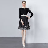 Spring women's clothing popular new black knitted splicing printing pleated dress spring wear high-end sense