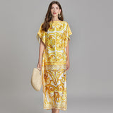 Real shot, summer new golden yellow big flower loose dress, bat straight skirt is thin, loose and comfortable for vacation