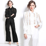 temperament elegant new fashion lapel embroidered hollow shirt high waist thin straight pants trousers two-piece set