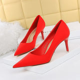 2025 18249-2 Korean version of fashionable pedicure, delicate and thin high heels, thin heels, super high heels, satin light mouth pointed single shoes