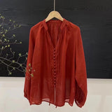 Single-row button-down tie-up elastic-sleeved shirt for women's  summer new lantern sleeves loose small bag buckle sunscreen top