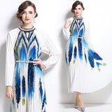 style high-end hollow bead round neck lantern sleeve strap waist temperament long printed pleated dress