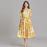 Real shot, summer new product positioning printed lapel strap waist shirt dress, big pendulum A-shaped skirt