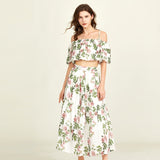Real shot, sexy off-the-shoulder tencel cotton lotus leaf print lace medium-sleeved top + skirt two-piece set looks thin