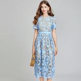 Real shot, summer water-soluble lace embroidery hollow round neck short-sleeved heavy industry temperament dress A-shaped skirt