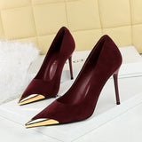 2025 3739-32  style banquet women's shoes high heels thin heel suede light mouth metal pointed head iron head thin single shoes