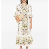 Retro colorful flower positioning printing, horn sleeve vacation style, high-end temperament ruffle edge dress