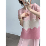Miyake  summer new color matching bead round neck loose pleated top temperament pullover to cover the meat and look thin T-shirt