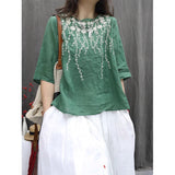 spring and summer literary and retro embroidered versatile pullover top loose large size casual medium sleeve thin shirt