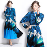 women's clothing niche elegant dress  new hollow bead round neck waist printing pleated long skirt