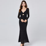 Real shot, new autumn and winter products, full body drill mesh, high elastic waist, sexy hip-wrapped fishtail skirt, long sleeves with chest pads