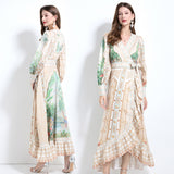 women's clothing spring and summer  court style cross-neck positioning printed lace-up waist ruffle edge dress